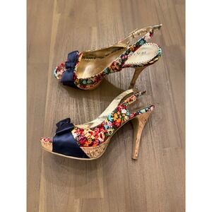 Rampage Floral Slingback Peep Toe Heels Cork Wedge Navy Bow Women's‎ Size 8M